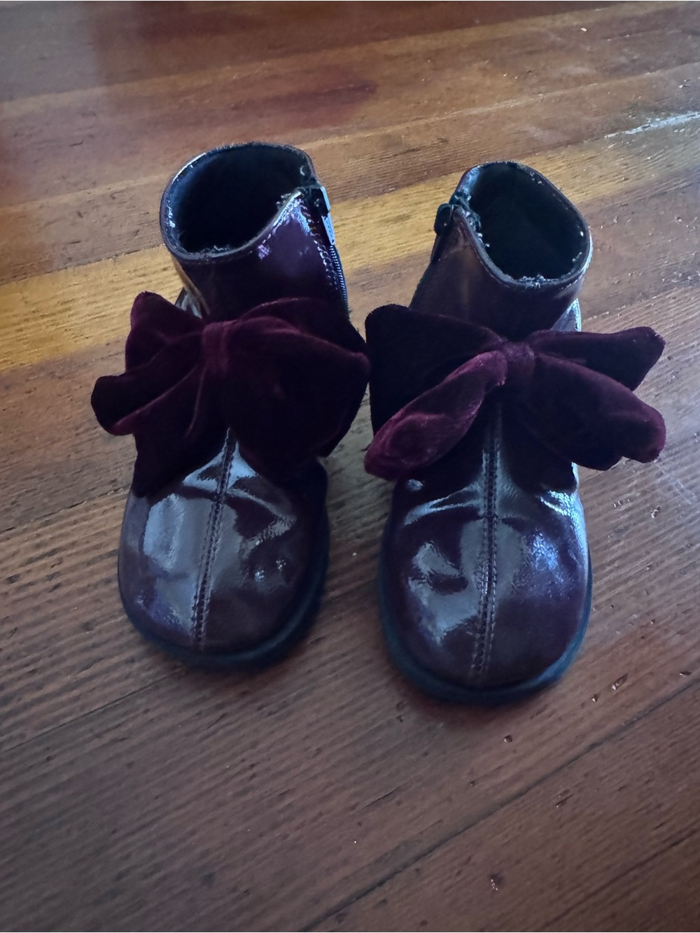 Zara Kids Burgundy Patent Ankle Boots with Velvet Bows